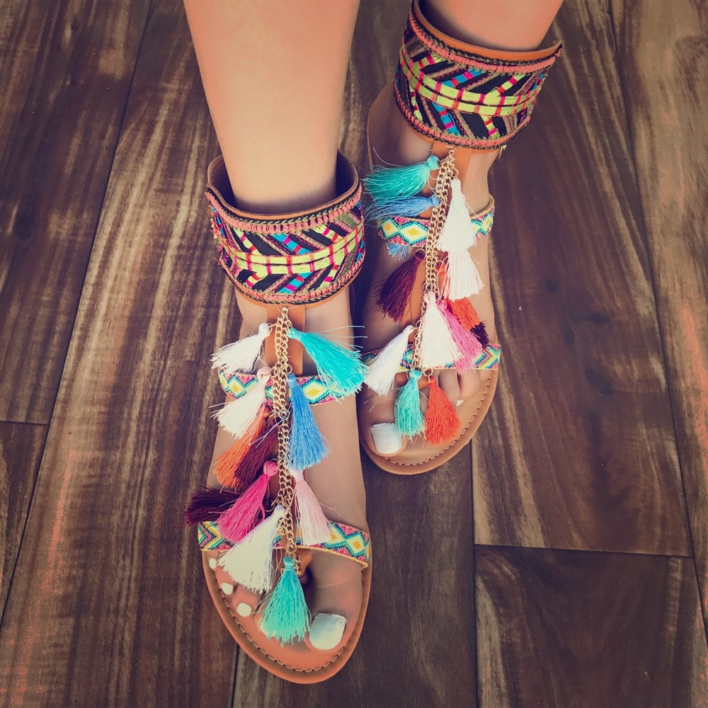 Boho Multi Tassel Colorful Tan Gladiator Sandals